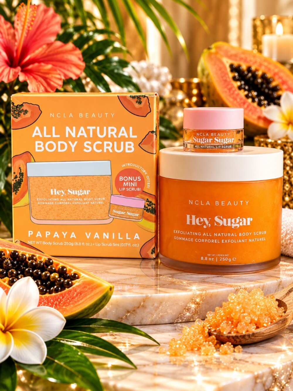 NCLA BEAUTY Hey Sugar Papaya Vanilla Body Scrub + Mini Lip Scrub NIB Gift Set!